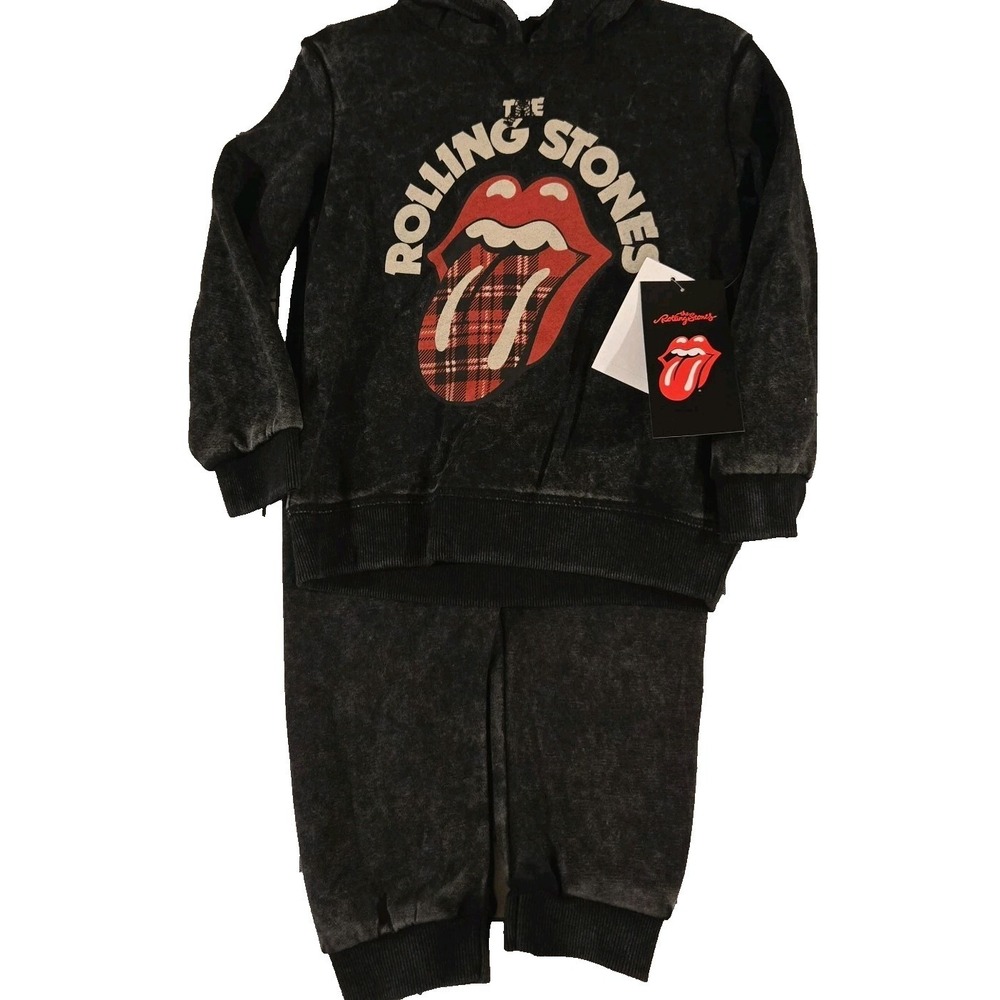 Rolling Stones Toddler Hoodie & Jogger Set – Plaid Tongue Graphic, Size 12M